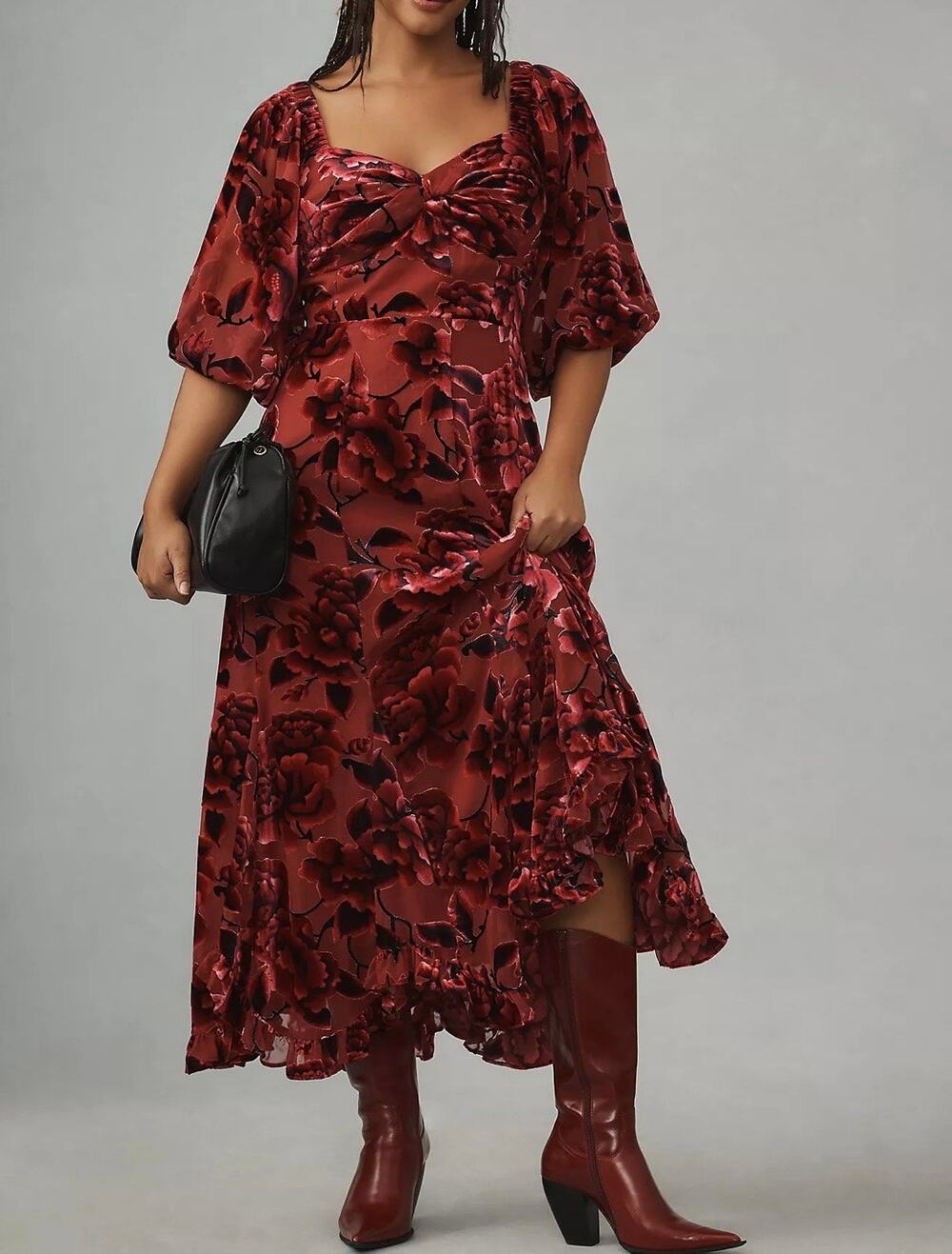 Hutch Anthropologie Red Floral Velvet Twist Front Midi Dress Plus Size 2X NWT